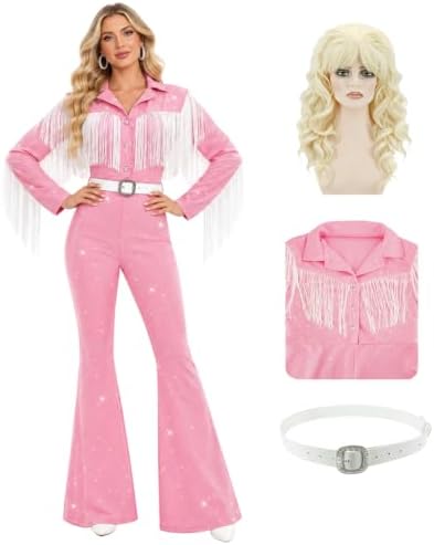 Women's Queen of Country Singer Costume Halloween Pink Fringe Bodysuit