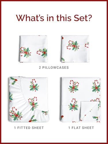 Christmas Sheet Set, Candy Cane Mistletoe, Holiday Xmas Bedding Set - Queen