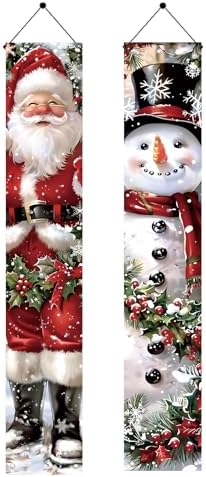 2PCS Christmas Porch Banner Decorations 71 x 12 Inch Santa and Snowman Hanging Sign Outdoor Vertical Front Door Holiday Banner for Winter Yard Party Home Wall Entryway Decor