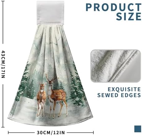 Rustic Farmhouse Winter Hanging Hand Towels with Loop - Pine Trees Xmas Deer Kitchen Dish Towels Absorbent Soft Fast Drying Set of 2