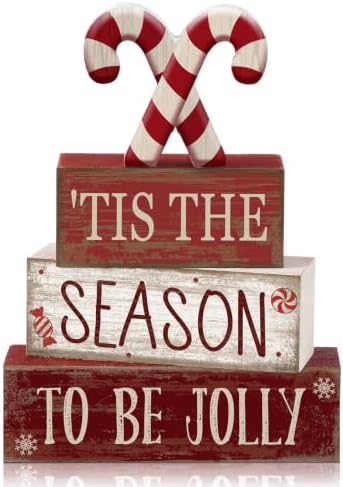 Lineshading 4 Pcs Christmas Table Decorations, Red White Candy Wood Signs