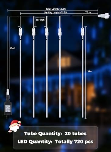 Meteor Shower Lights Outdoor, 16Inch 20 Tube 720 LED Icicle Christmas Light