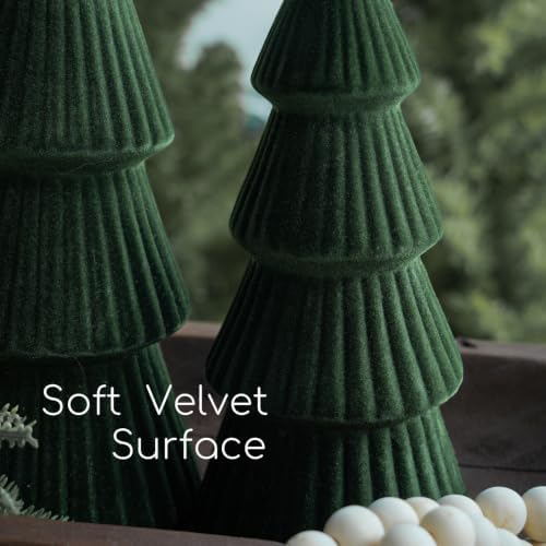 Christmas Decorations - Set of 3 Velvet Ceramic Christmas Trees (Green)
