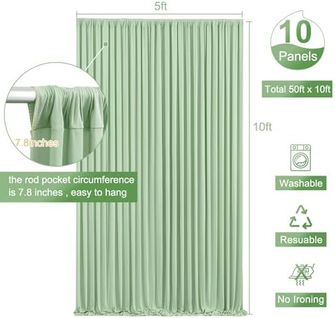 10 Panels Sage Green Backdrop Curtain for Parties Wrinkle Free Dark Green Photo Curtains Backdrop Drapes Fabric Decoration for Weding Baby Shower Birthday Party Photography 50ft(W) x 10ft(H)