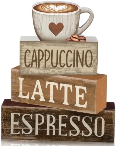 Lineshading 4 Pcs Farmhouse Coffee Bar Signs, Wooden Coffee Stacked Blocks