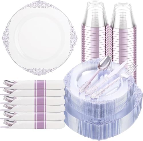 Hioasis 175 Pcs Clear Purple Plates for Party