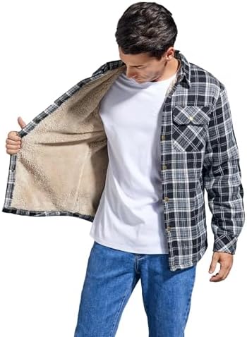 Men's Sherpa Cotton Flannel Shirt Jacket Plaid Button Coat Pocket