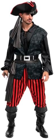 Spooktacular Creations Men Pirate Costume, Adult Pirate Shirt Vest Viking Pants Hat Set for Halloween Themed Parties