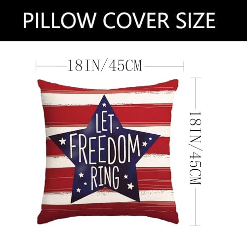4th of July Pillow Covers 18x18 Inch,Set of 4 Patriotic Red White Blue Summer Outdoor Throw Pillow Covers,Independence Memorial Day USA Flag Linen Fourth of July Cushion Case for Sofa Couch Decor