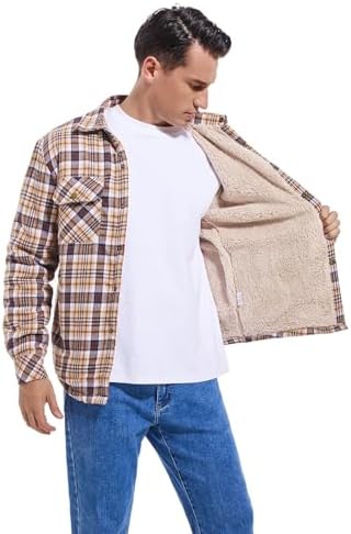 Men's Sherpa Cotton Flannel Shirt Jacket Plaid Button Coat Pocket