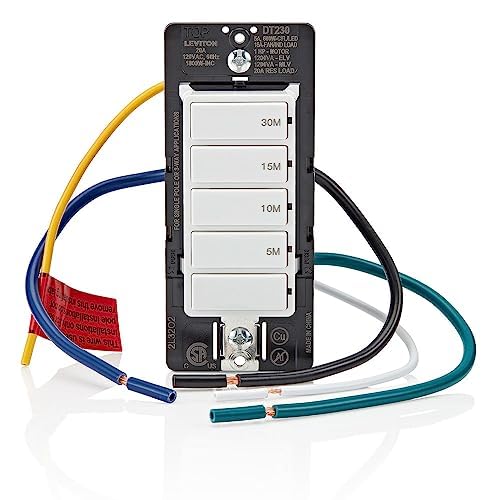 Leviton Countdown Switch for bathroom household lights, 5-10-15-30 min, Neutral Wire Required, 20A, 1HP/16A Fan/Motor, Single Pole, Multi-Way or Multi-Timer, DT230-1LW, White