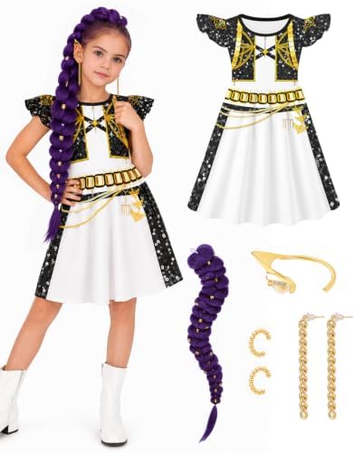Halloween Costume Kids Pop Singer Golden Costume Girls with Wig Purple Braiding Ponytail Hair Extension Dress Set
