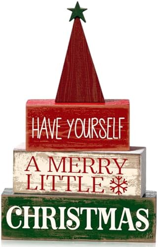 Moucuny 4 Pcs Christmas Table Decor, Wooden Red Merry Christmas Tree Signs