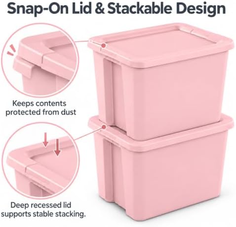 18 Gal Storage Bin with Snap-On Lid, Stackable Plastic Tote, Pink