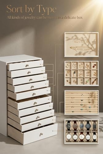 GUKA Large Jewelry Box, Jewelry Case with 10 Drawers for Big and Small Jewelry, Jewelry Storage Organizer for Watch Earrings Necklace Rings Bracelets, Birthday Wedding Gifts, White