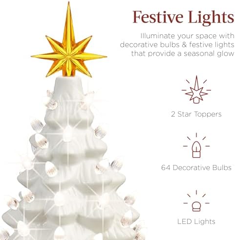 Best Choice Products 15in Ceramic Christmas Tree, Pre-lit Hand-Painted Tabletop Holiday Tree, 2 Star Toppers, 64 Lights - White w/Warm White Bulbs