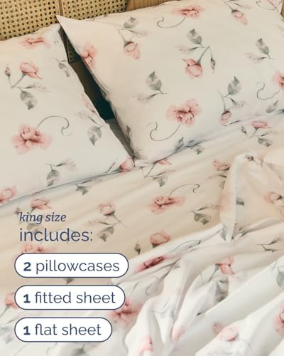 King 3 Piece Boho Botanical Floral Sheet Set - Soft & Cooling - Rosebud