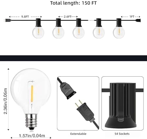 GPATIO Outdoor String Lights, 150FT G40 Bulbs Shatterproof Patio Lights, Waterproof Dimmable Hanging Outdoor Lights, Connectable LED Outside Lights for Backyard Yard Gazebo Porch Party
