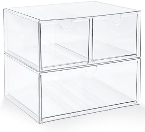 Prsildan Acrylic Drawer Makeup Organizer with 3 Drawers, Clear Stackable Storage for Baby Bottles, Craft, Jewelry & Hair Accessories, Multi-Use for Vanity, Countertop, Office Desk Organization
