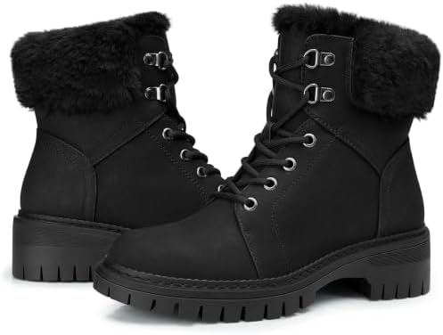 TEMOFON Ankle Boots for Women Winter: Comfortable Lace-up Combat Boot Warm