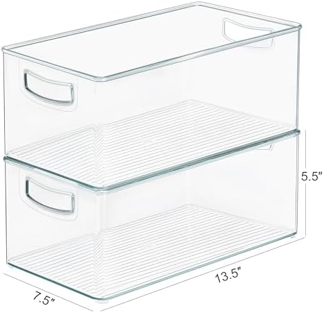 Heyuzb 2 Pack Clear Freezer Organizer Bins Stackable Storage Bins with Side Handles for Kitchen Pantry Cabinet Organzation and Storage