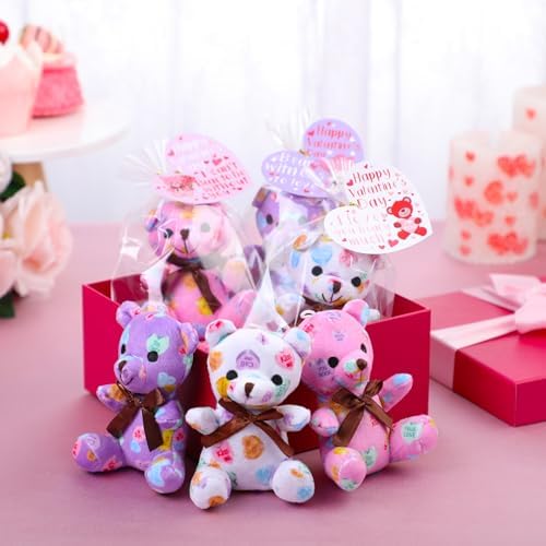 Poen 18 Pack Valentines Day Bears Bulk with Heart Cards Mini Valentine Stuffed Animal with Heart Love Pattern Bears Toys Keychains for Kids Boy Girl Classroom Exchange Gifts Prize