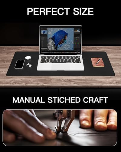 YSAGi Genuine Leather Desk Mat, 23.6"x13.8" Office Desk Pad, Thick Desk Pad Mat with Stitched Line, Non-Slip Desk Mat with Rubber Base (Black, 23.6"x13.8")