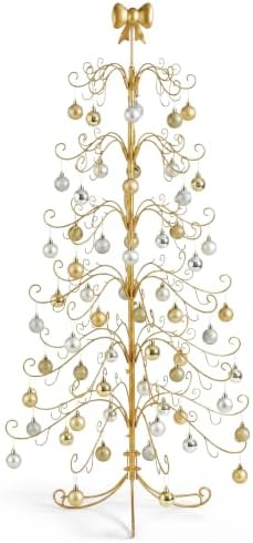 6ft Wrought Iron Christmas Tree, Bow Topper, for Hanging Ornaments, Gold