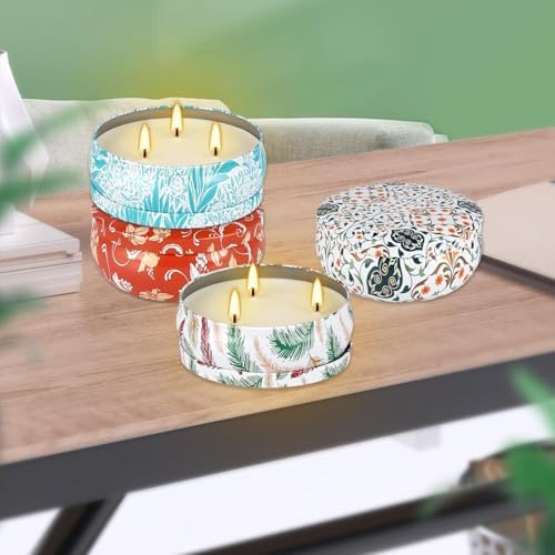 4-Pack Citronella Candle Set in Decorative Tropical Flower Tin Boxes - 3-Wick Functional Decorative Candles for Indoor & Outdoor Use - Perfect for Camping, Travel, BBQ, Picnics, and Mother's Day Gift