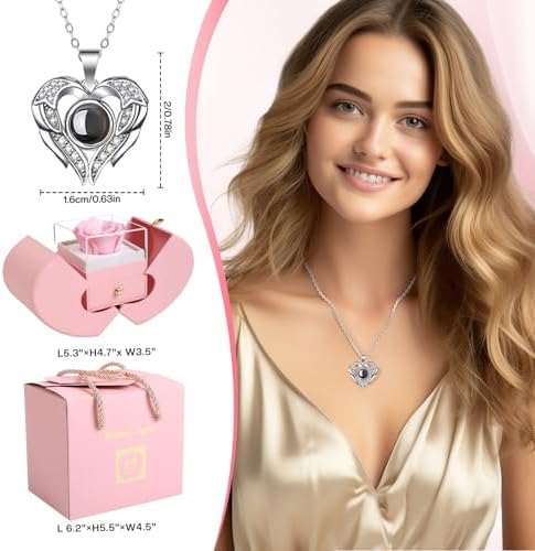 Preserved Real Pink Rose with I Love You Necklace 100 Languages, Gifts for Girlfriend, Women, Mom, Wife, Gifts Idea on Christmas, Valentine's Day, Mother's Day, Birthday, Anniversary, Thanksgiving