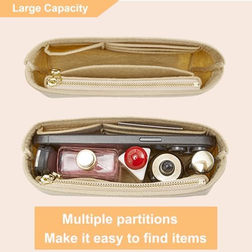 Doxo Small Purse Organizer Insert for Handbags, Felt Neverfull BB Organizer Insert,Mini Tote Bag Organizer with Zipper Pocket, Fit Neverfull BB Longchamp Xtra Energy S and More, Beige-XS