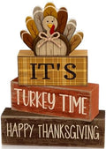 Moucuny 4 Pcs Thanksgiving Table Decorations, Turkey Time Wooden Block Sign