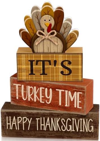 Moucuny 4 Pcs Thanksgiving Table Decorations, Turkey Time Wooden Block Sign