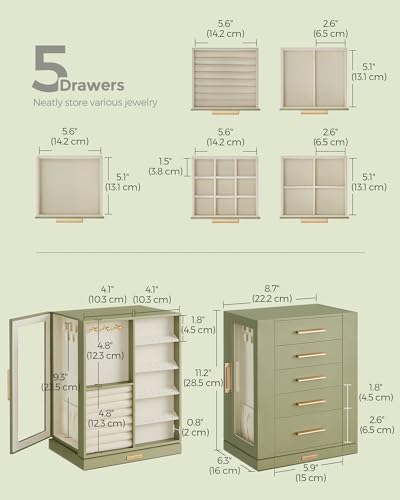SONGMICS Jewelry Box Organizer, 360° Rotating, 5 Drawers, Laurel Green