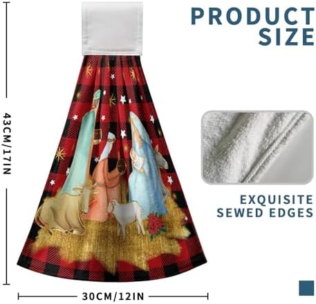 Christmas Holy Night Kitchen Towels with Hanging Loop Jesus Nativity Red Buffalo Plaid Hand Tie Towels Winter Holiday Xmas Soft Absorbent Bath Towel Oven Stove Dish Cloth Set of 2
