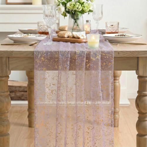 Artoid Mode 6Pcs Grayish Purple Gauze Gold Table Runner 10FT, Glitter Metallic Foil Sheer Dining Wedding Anniversary Holiday Table Decor for Home Party