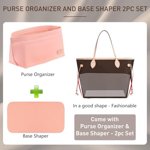 Doxo Purse Organizer Insert for Handbags & Base Shaper 2pc Set, Felt Neverfull MM Organizer Insert, Tote Bag Organizer with Zipper Pocket and Bottle Holder, Fit Speedy 30 Neverfull MM and More,Pink-L