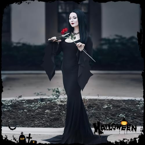 Aileam Halloween Morticia Addams Costumes Vintage Gothic Black Long Dress Outfit Women Wig Red Roses Flowers Necklace