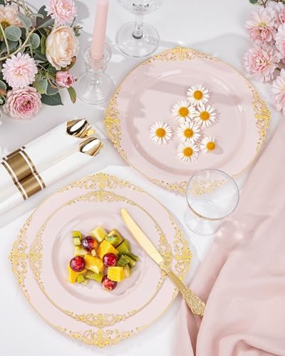 Nervure 700Pcs Pink Plastic Plates, Plastic Dinnerware Set for 100 Guests