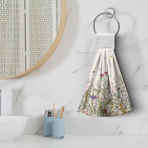 Wildflower Floral Hanging Hand Towels Set of 2 Spring Summer Vintage Flower Kitchen Towels with Hanging Loop Rustic Garden Herbs Plants Dish Towels Soft Absorbent Bath Tie Towel for Farmhouse Decor