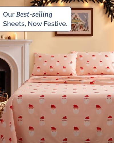 Christmas Sheet Set, Blush Santas, Holiday Xmas Bedding Set - Full Size