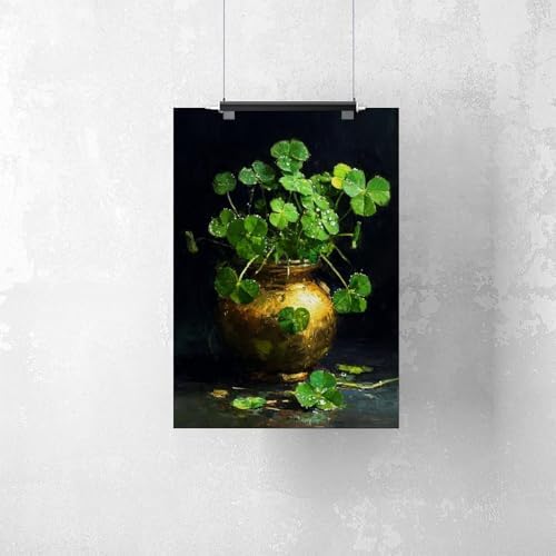 JDBeehpy Irish Clover Painting Green Festival (Unframed, Canvas Only) Mural Modern Minimalist Gold Jar St. Patrick Classic Holiday Gift Home Living Room Picture Decoration 12x18inch(30x45cm)