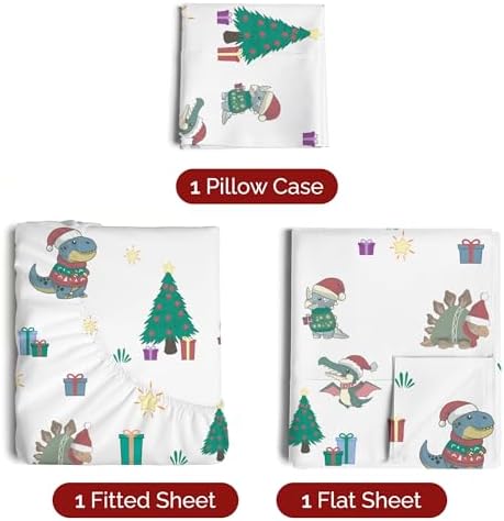 Christmas Sheet Set, Christmas Dinos, Holiday Xmas Bedding Set - Twin XL