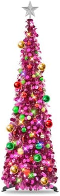 N&T NIETING Pop Up Christmas Tree with Lights & Ornaments, 5FT, Fuchsia