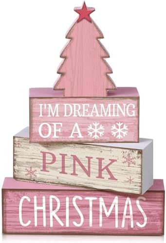 Lineshading 4 Pcs Pink Christmas Table Decor, Wooden Christmas Tree Signs