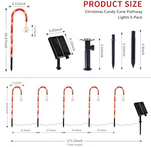 5 Pack Solar Candy Cane Pathway Lights, Warm White Christmas Decor