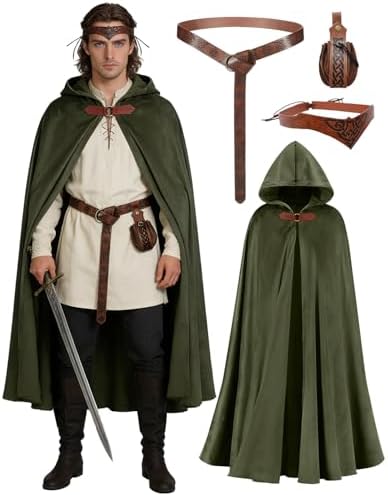 kasahara Renaissance Hooded Cloak Medieval Costume Accessories for Men Women Halloween Costume Cape Belt Pouch Bracers