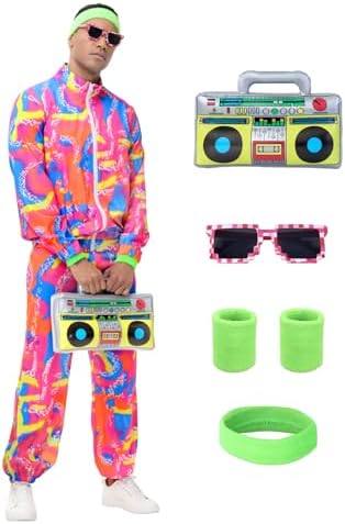Men's 80s Outfit, Neon Retro Tracksuit for Halloween Party Costume