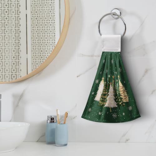 Green Christmas Hanging Dish Towels Xmas Tree Kitchen Towels with Hanging Loop Winter Holiday Hand Tie Towels Soft Absorbent Bath Towel for Bathroom Farmhouse Decor Set of 2