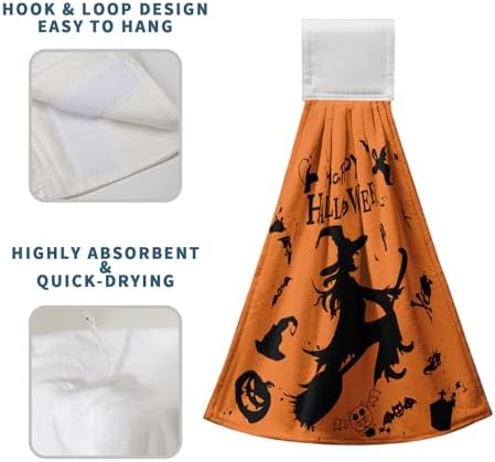 Happy Halloween Hanging Hand Towels Set of 2 for Bathroom Witch Castle Spider Web Kitchen Towels with Hanging Loop Orange and Black Holiday Dish Towel Soft Absorbent Fingertip Fast Dry Bath Towels